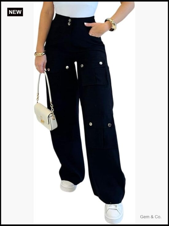 Pants - High Waist Cargo Pants with Zipper Fly Flap Pockets Wide Leg Baggy